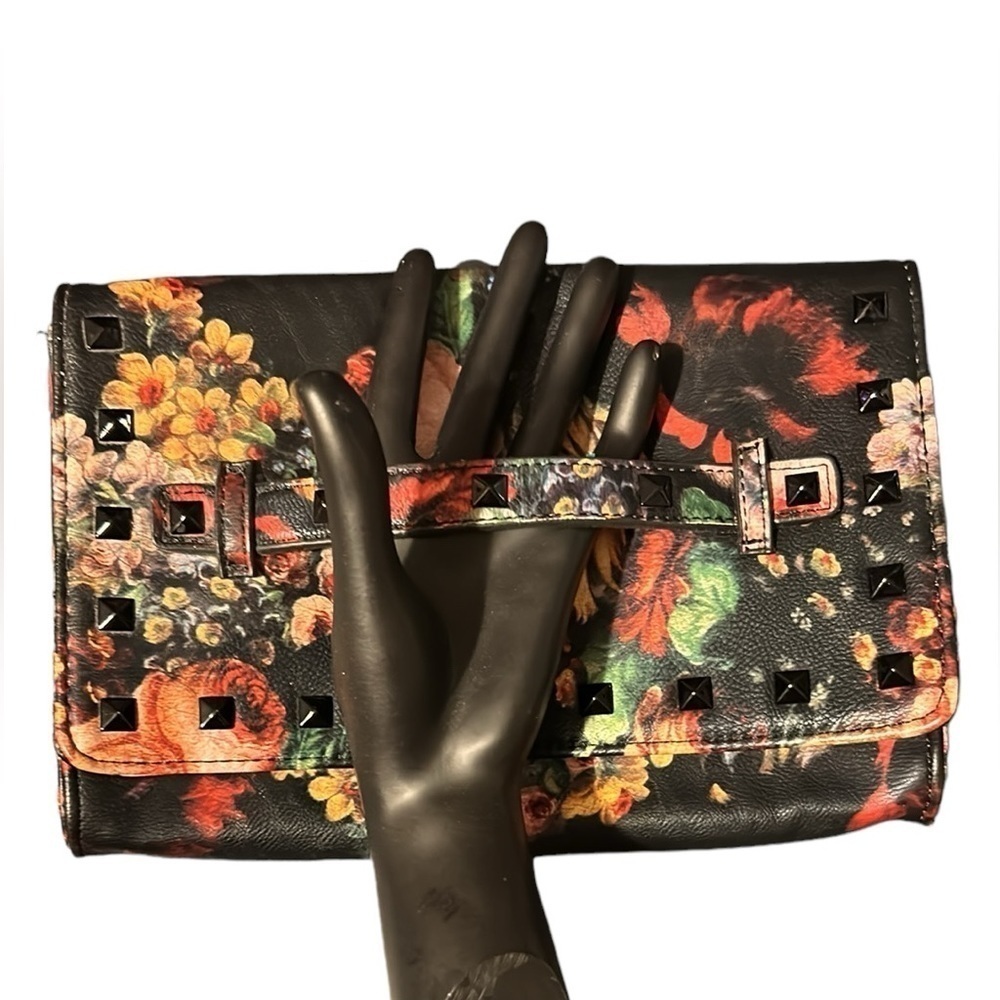 Steve Madden Floral Flap Clutch with Stud Accents and Strap Handle